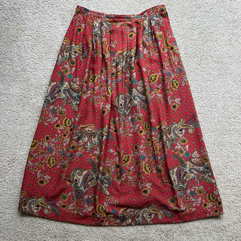 Vintage 80s Red Cotton Floral Paisley A-line Midi Skirt Elastic Waist + Hook 10